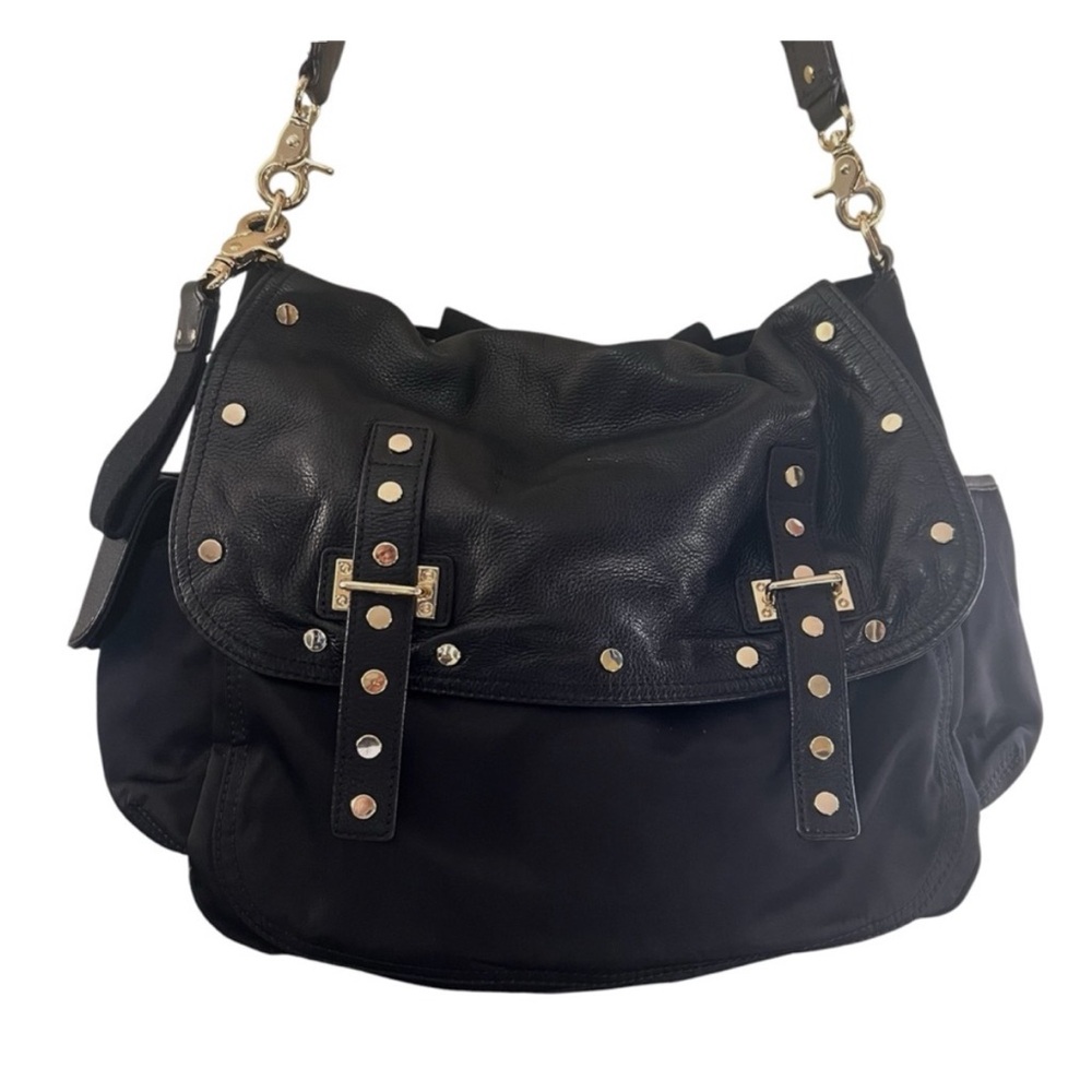 Black Studded Leather and Nylon Diaper Bag